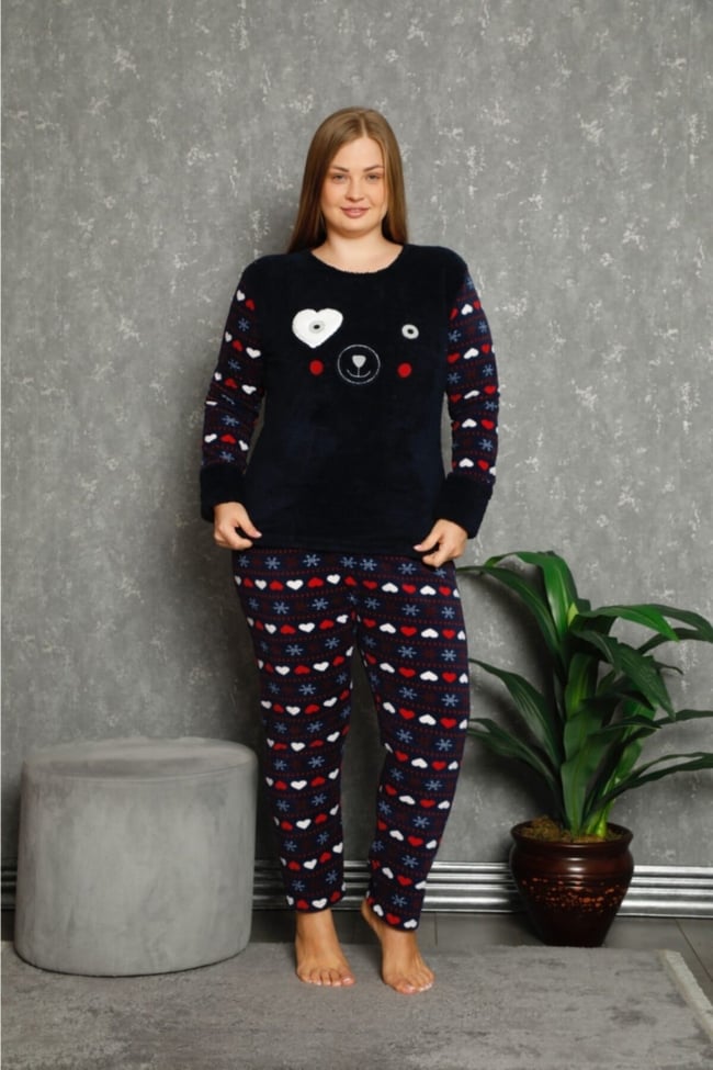 Kadın Lacivert Kalpli Ekose Desenli Polar Peluş Pijama Takımı