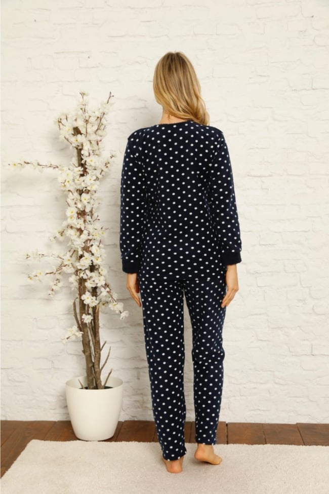 Kadın Lacivert Kedicik Desenli Puanlı Polar Peluş Pijama Takımı