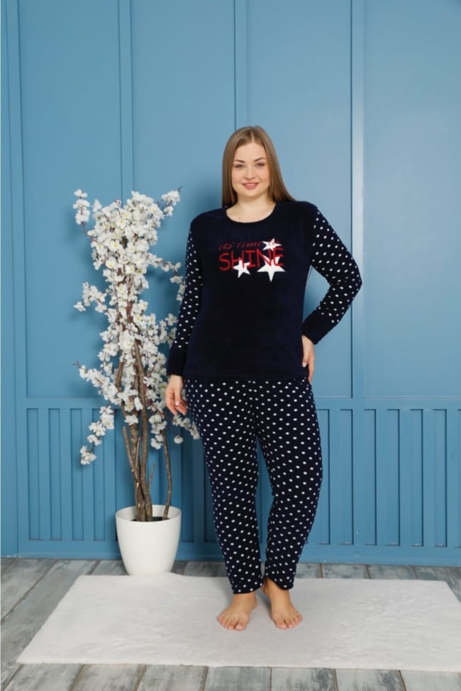 Kadın Lacivert Shıne Yazılı Puanlı Polar Peluş Pijama Takımı