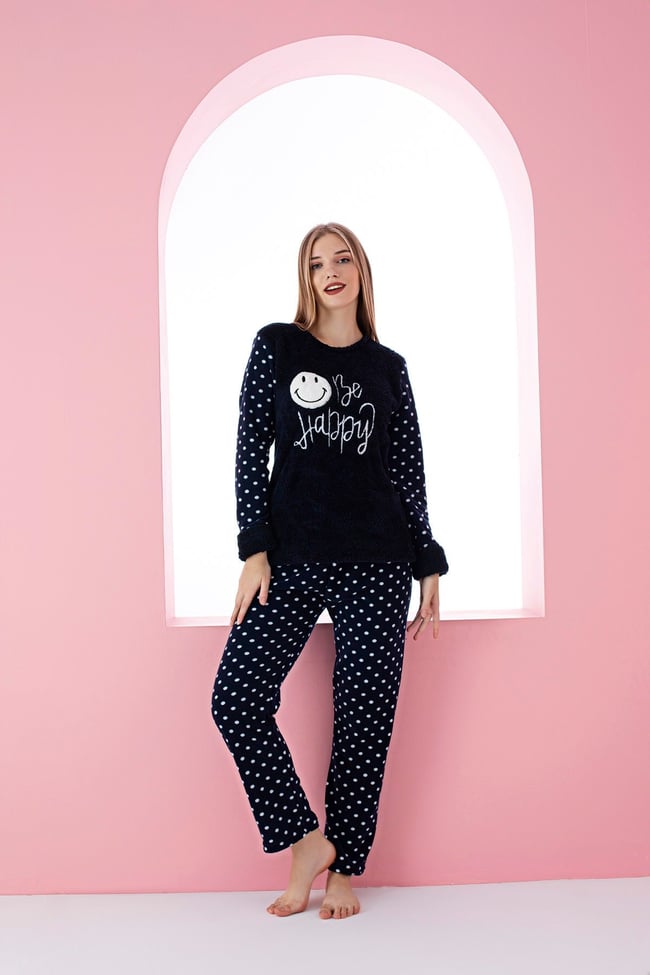 Kadın Lacivert Smile Be Happy Yazı Nakışlı Polar Peluş Pijama Takımı.
