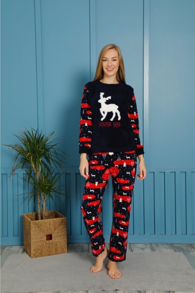 Kadın Lacivert Yeşili Geyik Nakışlı Wınter Deer Yazılı Polar Peluş Pijama Takımı