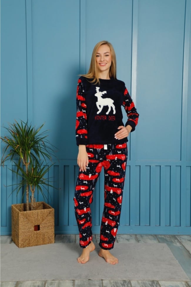 Kadın Lacivert Yeşili Geyik Nakışlı Wınter Deer Yazılı Polar Peluş Pijama Takımı