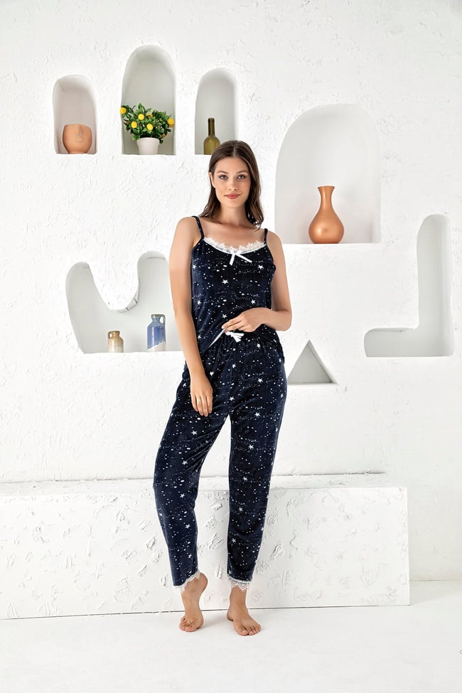 Kadın Lacivert Yıldız Baskılı Fransız Kadife Ip Askılı Altı Uzun Sabahlıklı 3'lü Pijama Takımı Set