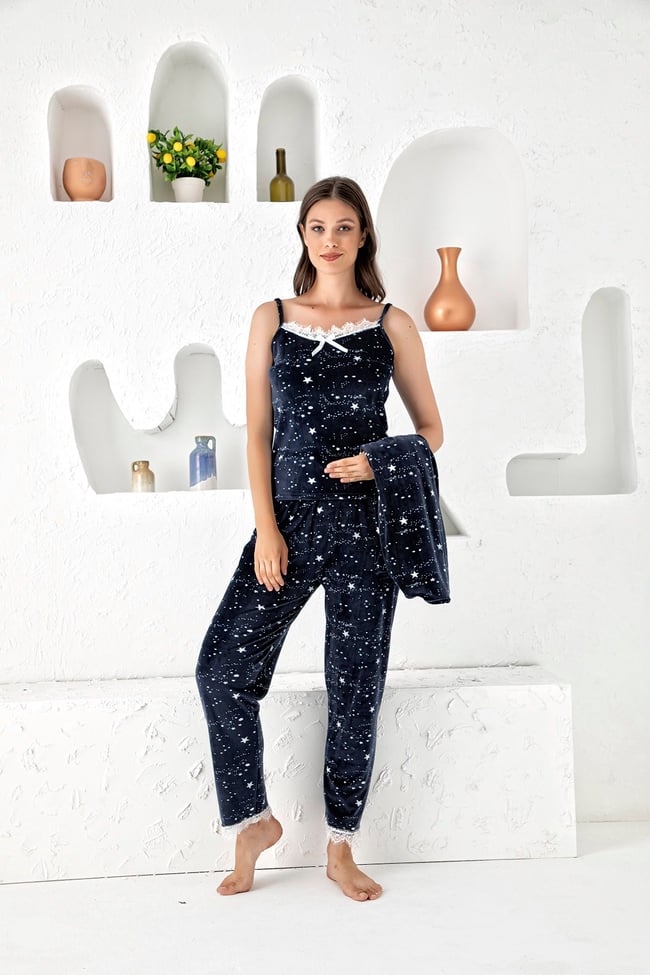 Kadın Lacivert Yıldız Baskılı Fransız Kadife Ip Askılı Altı Uzun Sabahlıklı 3'lü Pijama Takımı Set