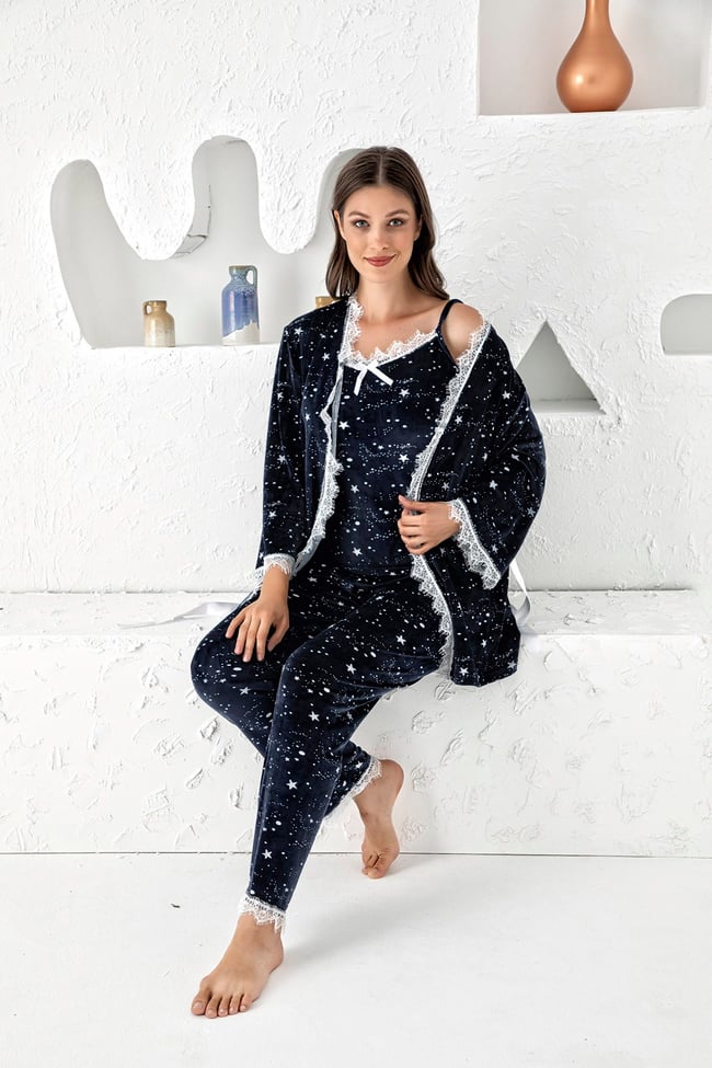 Kadın Lacivert Yıldız Baskılı Fransız Kadife Ip Askılı Altı Uzun Sabahlıklı 3'lü Pijama Takımı Set