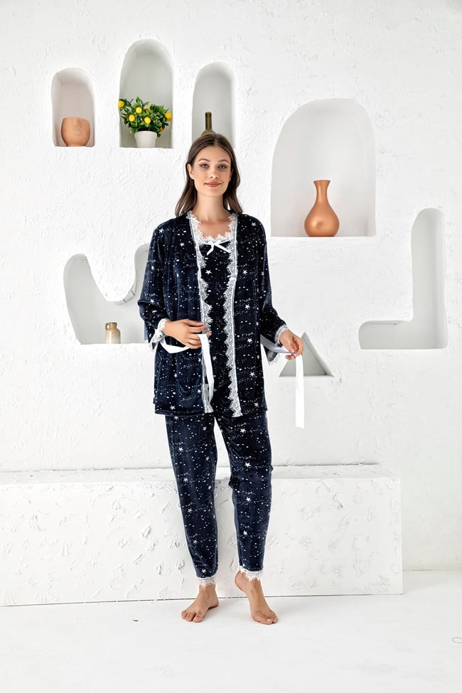 Kadın Lacivert Yıldız Baskılı Fransız Kadife Ip Askılı Altı Uzun Sabahlıklı 3'lü Pijama Takımı Set