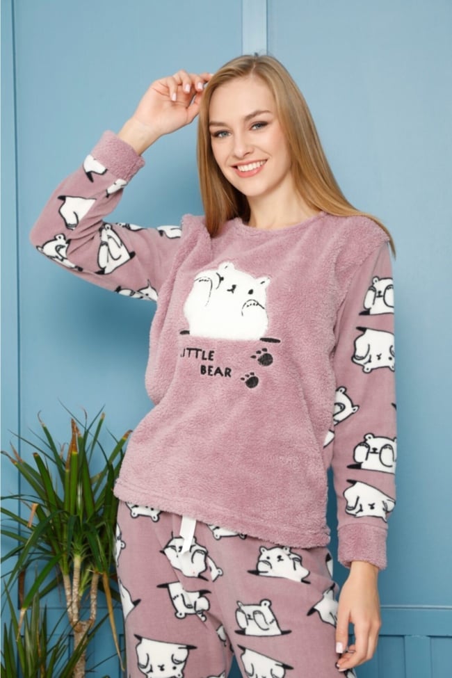 Kadın Lila Ayı Nakışlı Lıttle Bear Yazılı Polar Peluş Pijama Takımı