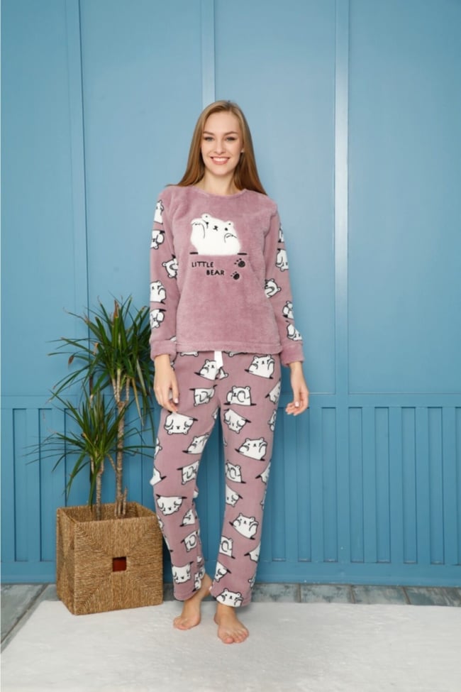 Kadın Lila Ayı Nakışlı Lıttle Bear Yazılı Polar Peluş Pijama Takımı