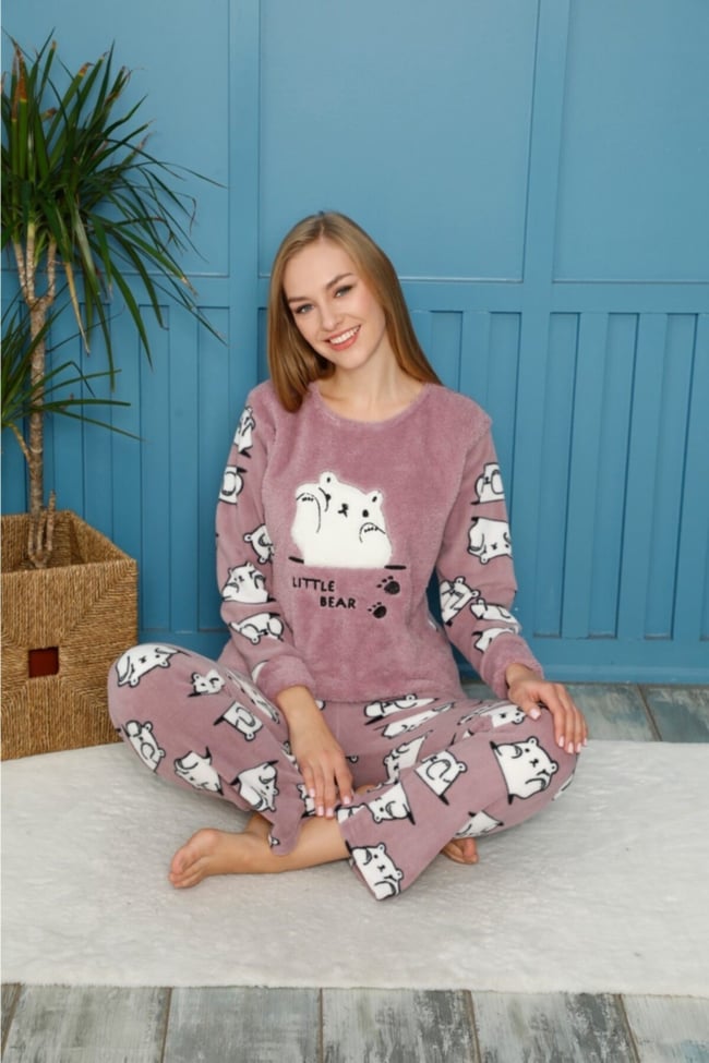 Kadın Lila Ayı Nakışlı Lıttle Bear Yazılı Polar Peluş Pijama Takımı