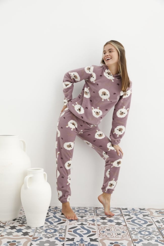 Kadın Lila Ayıcık Desenli Kapüşonlu Polar Eşofman Pijama Takımı
