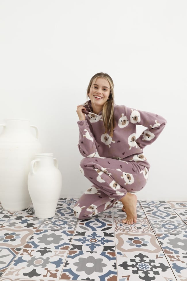 Kadın Lila Ayıcık Desenli Kapüşonlu Polar Eşofman Pijama Takımı