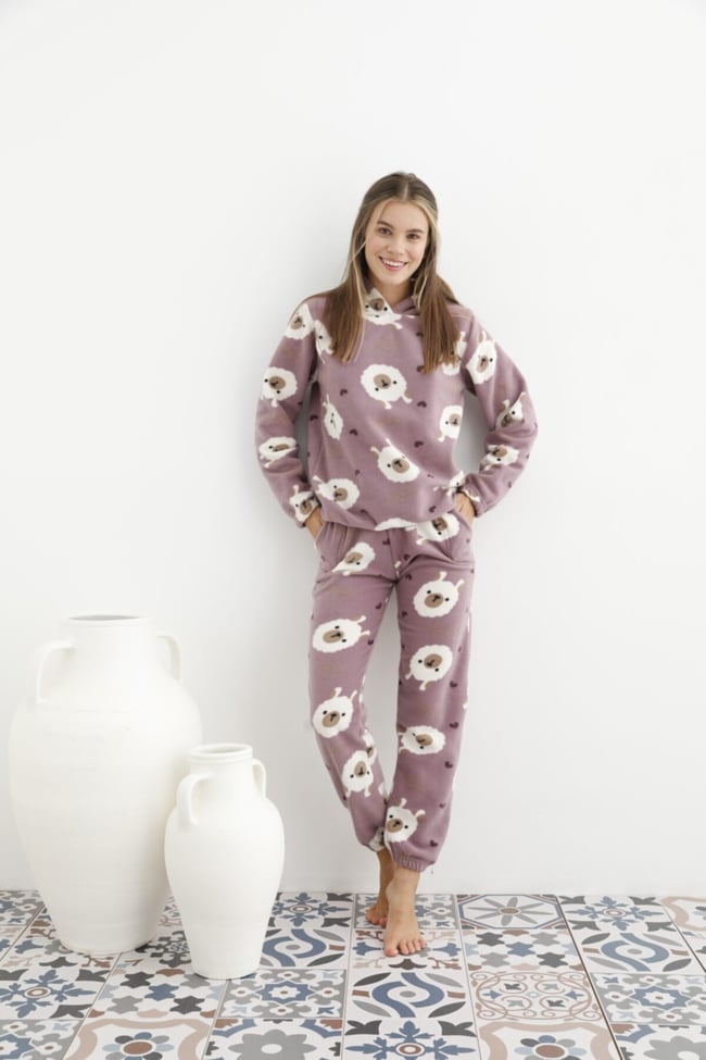 Kadın Lila Ayıcık Desenli Kapüşonlu Polar Eşofman Pijama Takımı