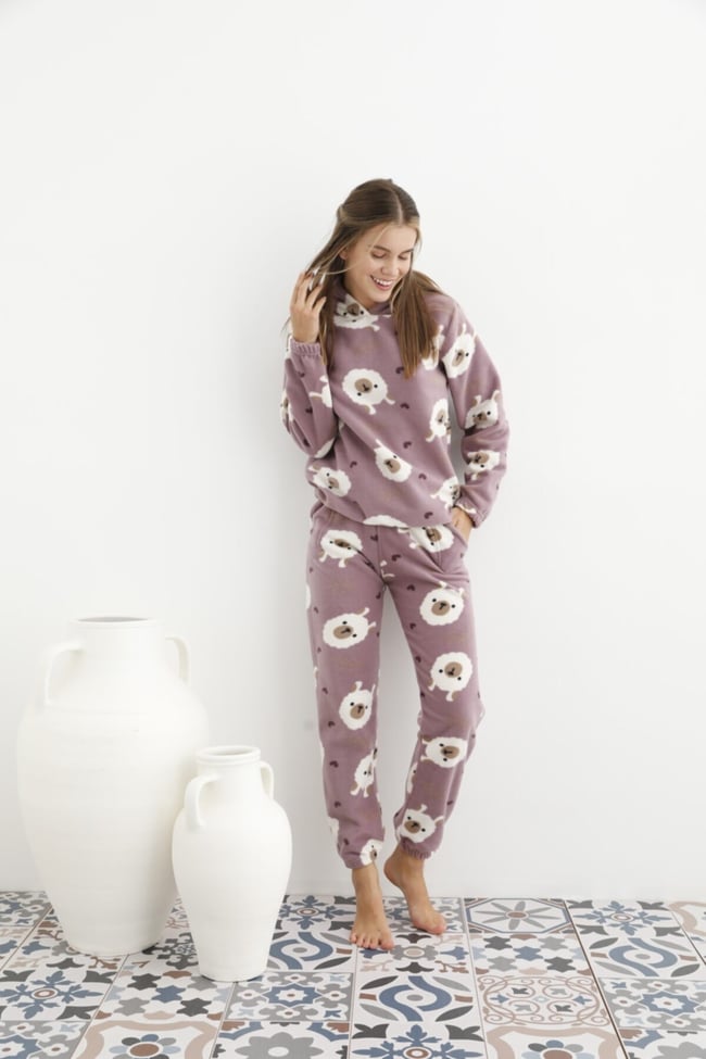 Kadın Lila Ayıcık Desenli Kapüşonlu Polar Eşofman Pijama Takımı