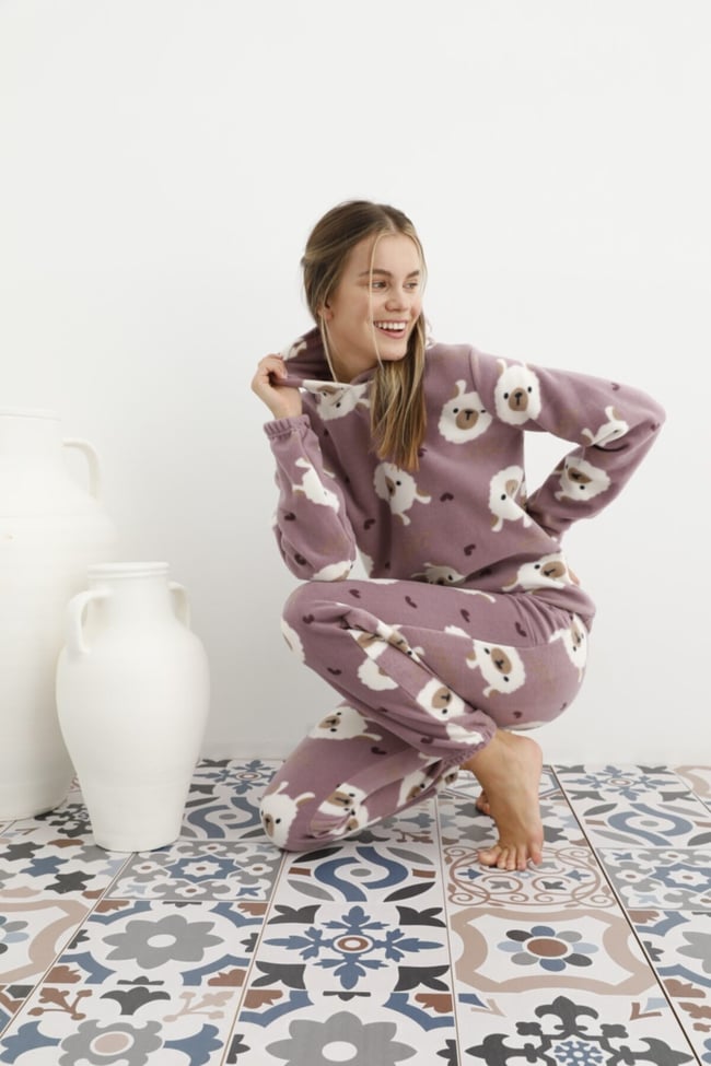 Kadın Lila Ayıcık Desenli Kapüşonlu Polar Eşofman Pijama Takımı
