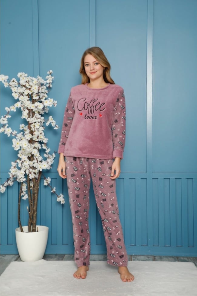 Kadın Lila Coffee Lover Yazılı Polar Peluş Pijama Takımı