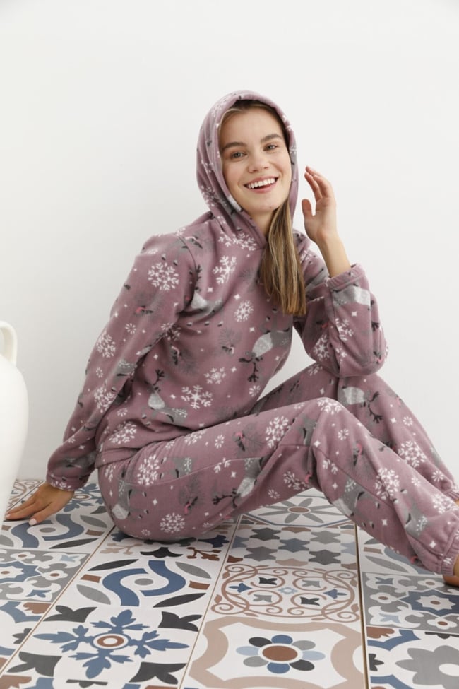 Kadın Lila Geyik Desenli Kapüşonlu Polar Eşofman Pijama Takımı