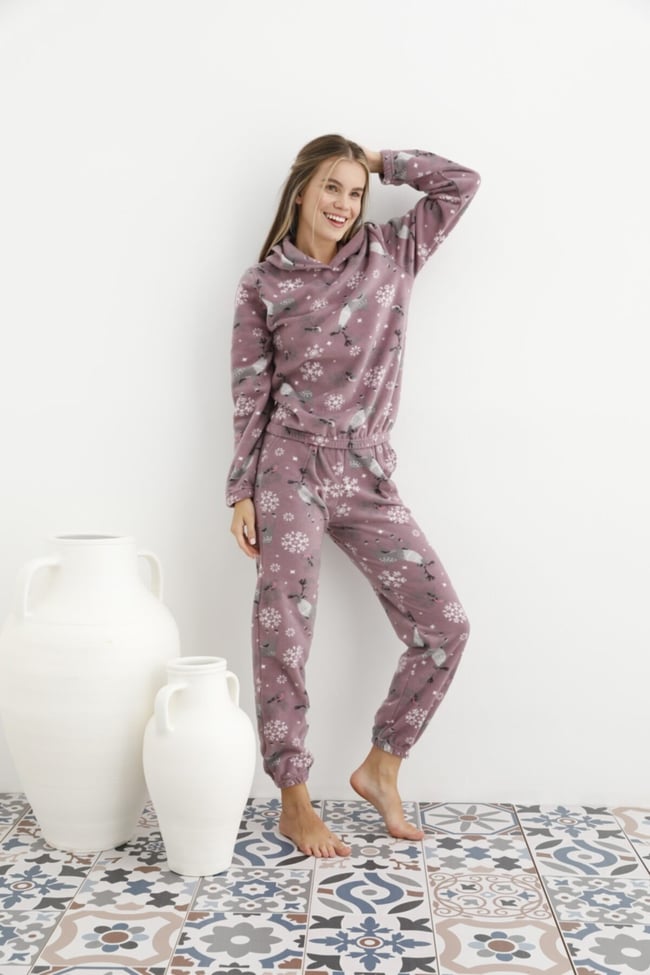 Kadın Lila Geyik Desenli Kapüşonlu Polar Eşofman Pijama Takımı
