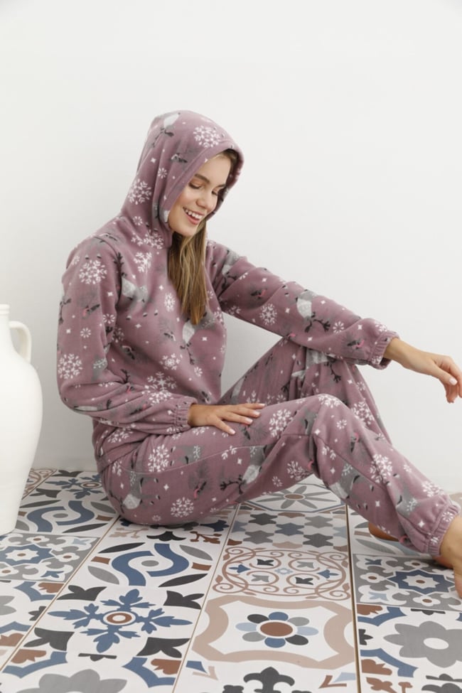 Kadın Lila Geyik Desenli Kapüşonlu Polar Eşofman Pijama Takımı