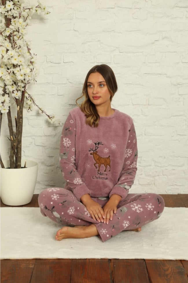 Kadın Lila Geyik Desenli Polar Peluş Pijama Takımı