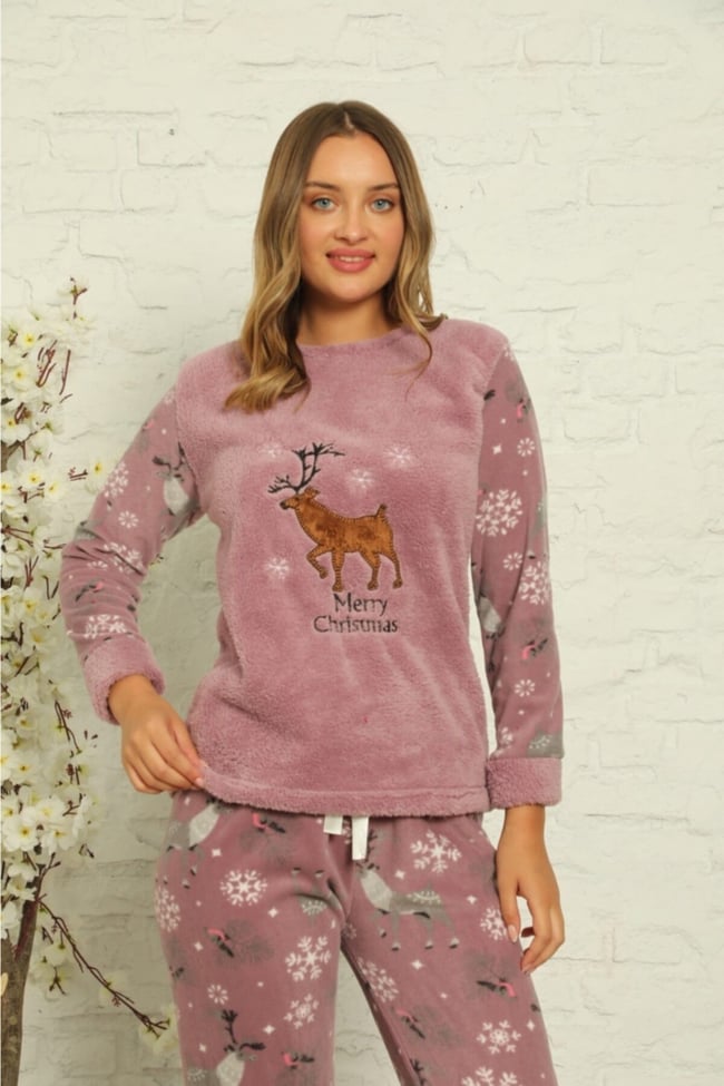 Kadın Lila Geyik Desenli Polar Peluş Pijama Takımı