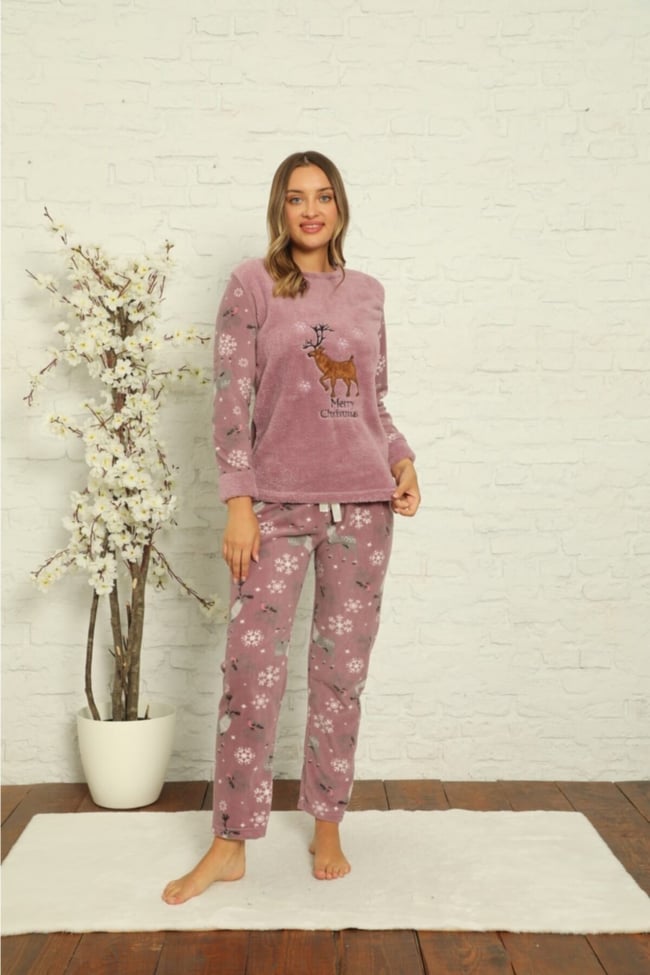 Kadın Lila Geyik Desenli Polar Peluş Pijama Takımı