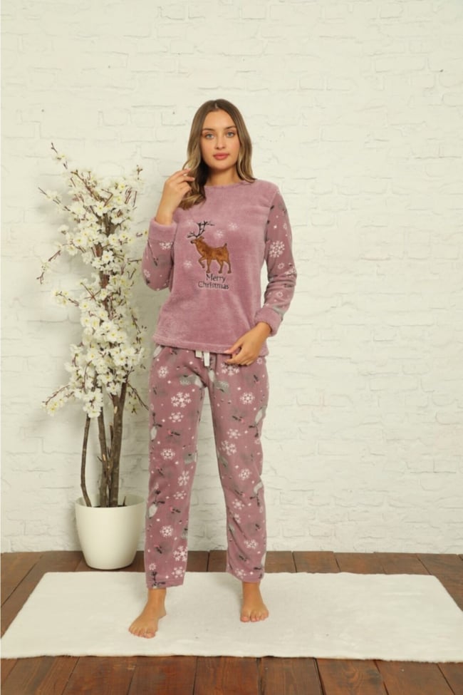 Kadın Lila Geyik Desenli Polar Peluş Pijama Takımı