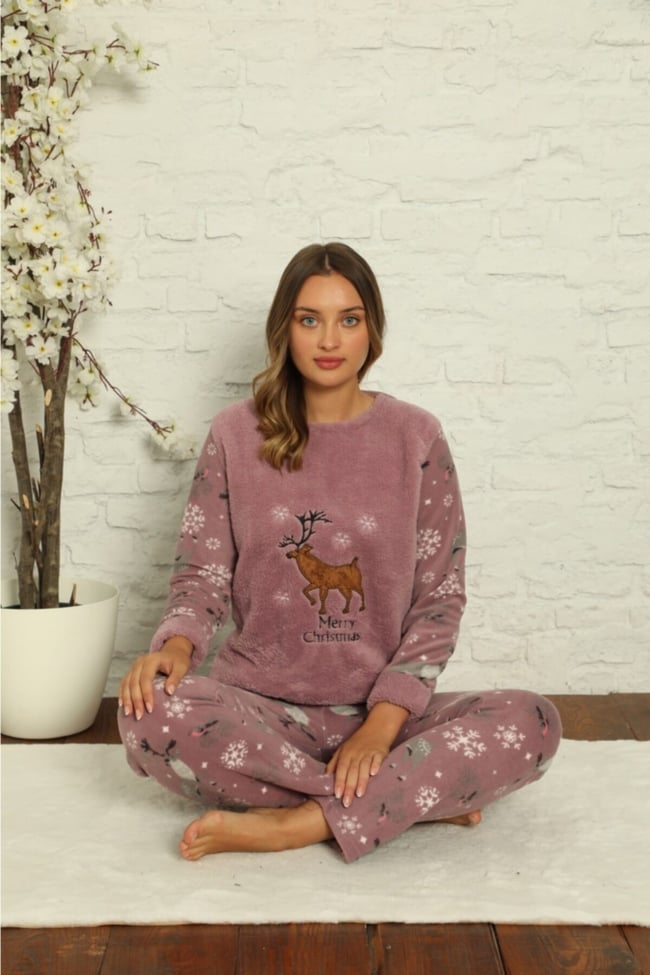 Kadın Lila Geyik Desenli Polar Peluş Pijama Takımı