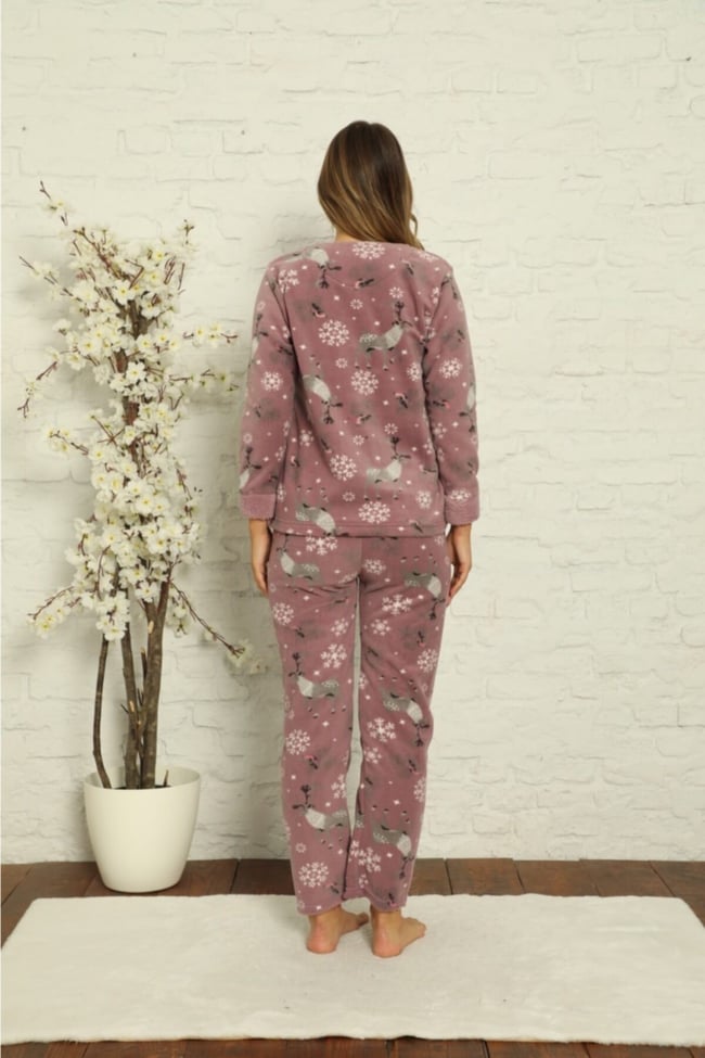 Kadın Lila Geyik Desenli Polar Peluş Pijama Takımı