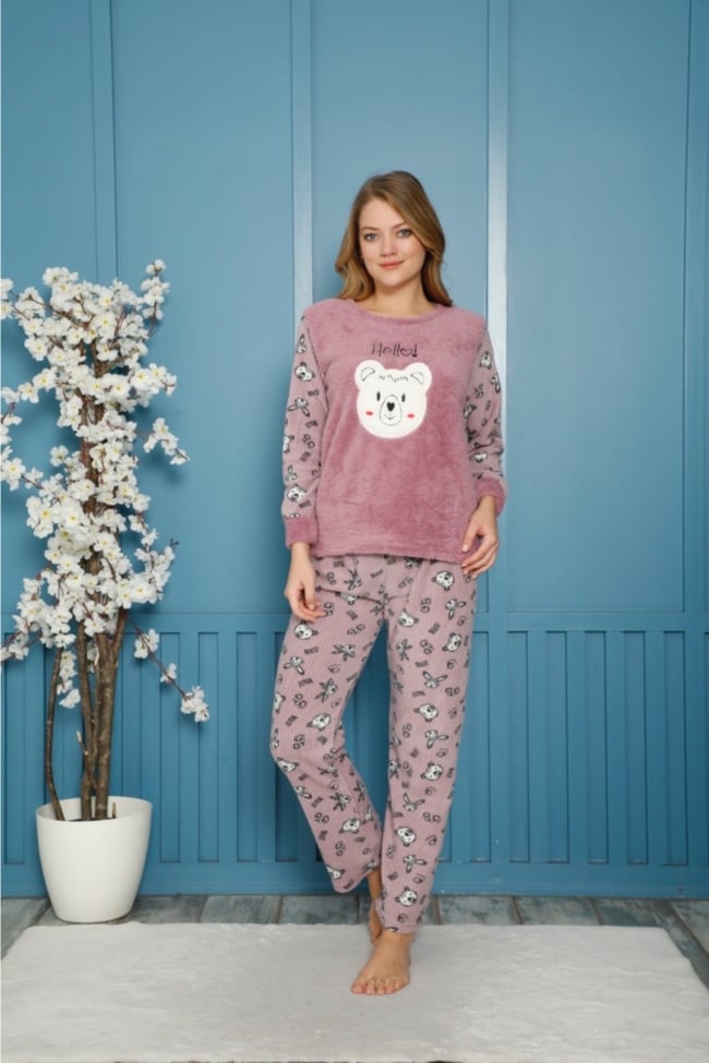 Kadın Lila Hello Yazılı Ayı Polar Peluş Pijama Takımı