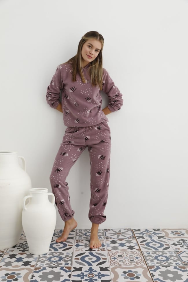 Kadın  Lila Popcorn Desenli Kapüşonlu Polar Eşofman Pijama Takımı