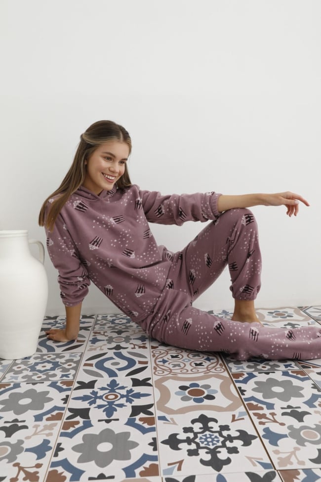 Kadın  Lila Popcorn Desenli Kapüşonlu Polar Eşofman Pijama Takımı