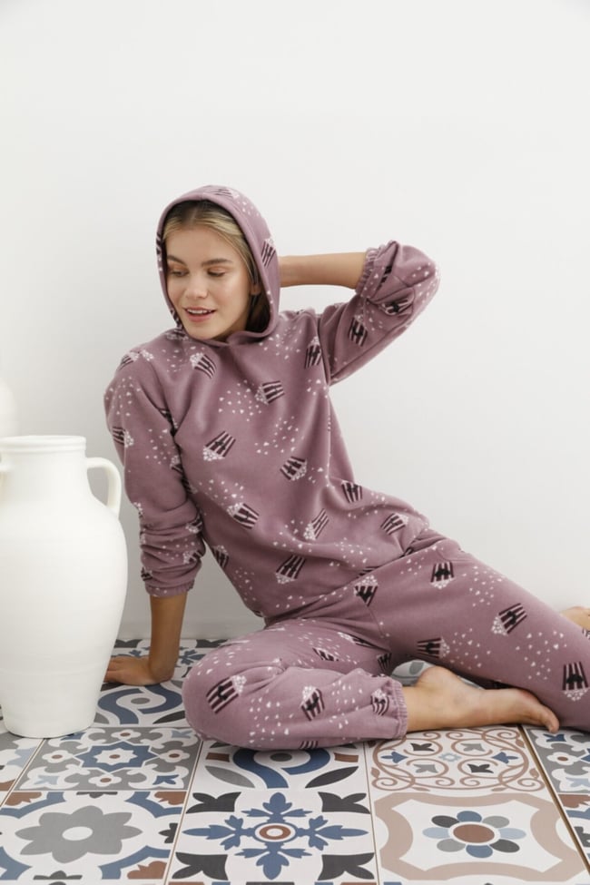 Kadın  Lila Popcorn Desenli Kapüşonlu Polar Eşofman Pijama Takımı