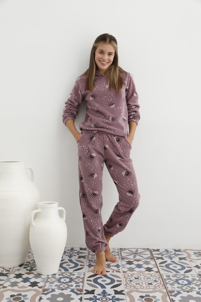 Kadın  Lila Popcorn Desenli Kapüşonlu Polar Eşofman Pijama Takımı