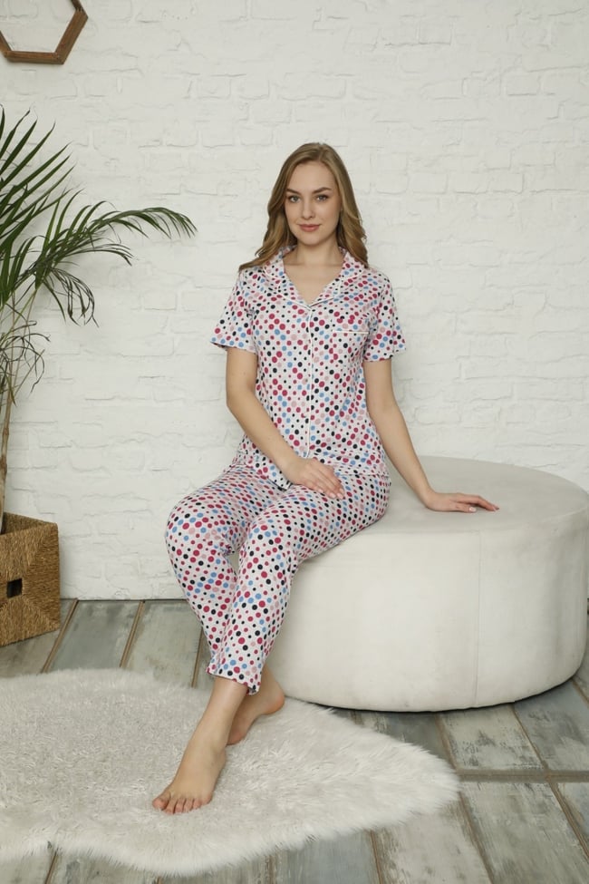 Kadın Mavi Karışık Puantiyeli Düğmeli Pijama Takımı