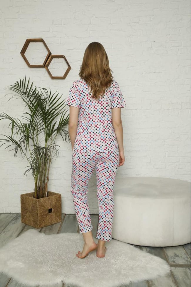 Kadın Mavi Karışık Puantiyeli Düğmeli Pijama Takımı