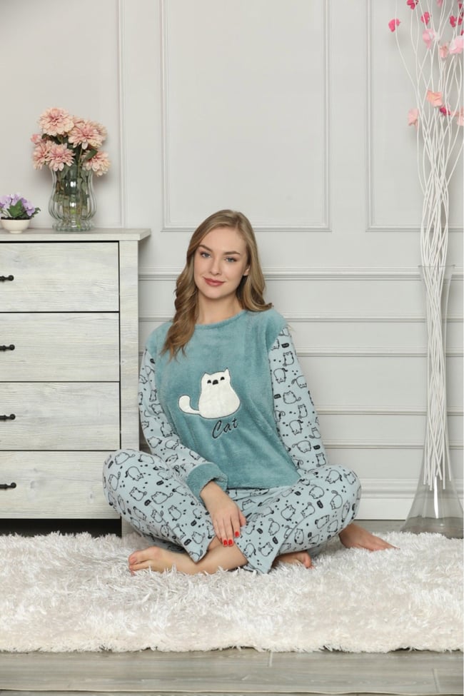 Kadın Mavi Kedicikli Polar Pijama Takım