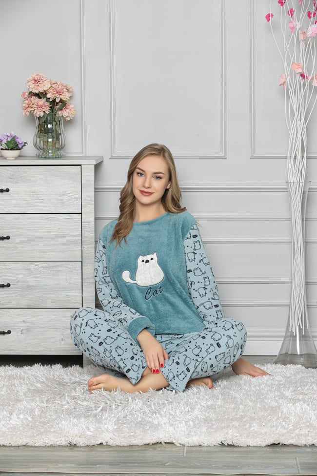 Kadın Mavi Kedicikli Polar Pijama Takım