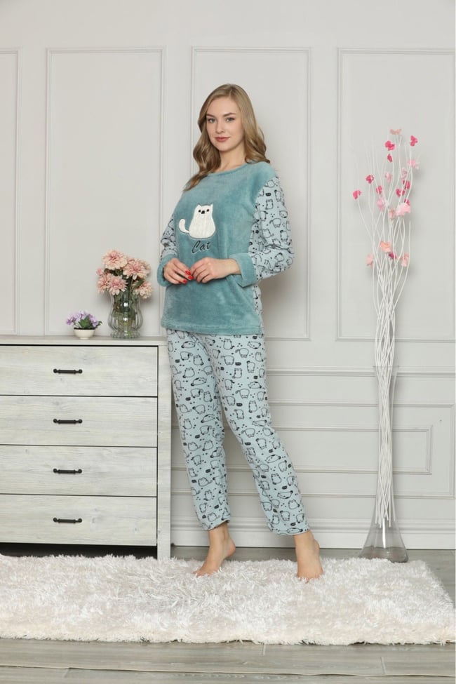 Kadın Mavi Kedicikli Polar Pijama Takım