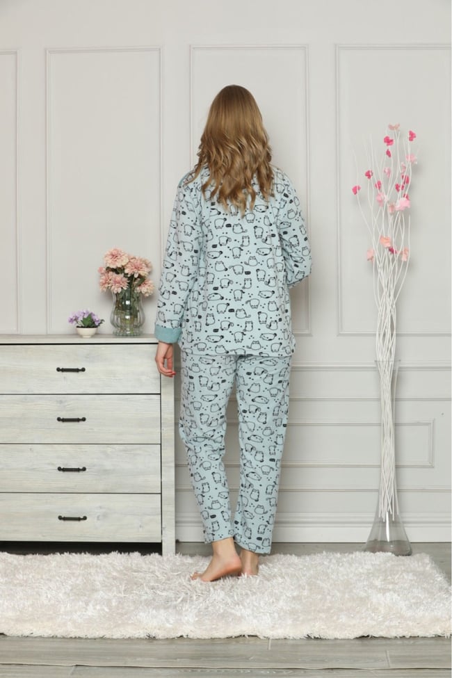 Kadın Mavi Kedicikli Polar Pijama Takım