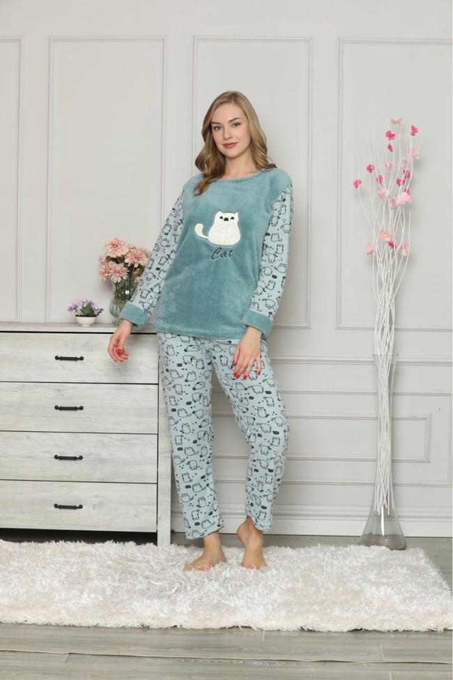 Kadın Mavi Kedicikli Polar Pijama Takım