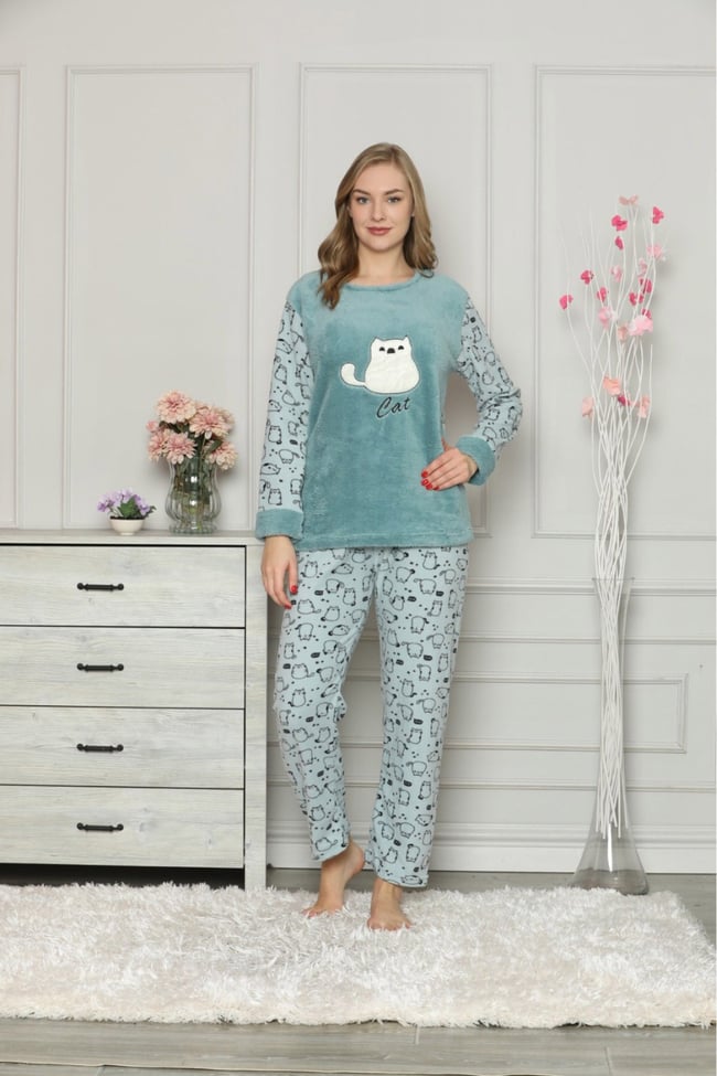 Kadın Mavi Kedicikli Polar Pijama Takım
