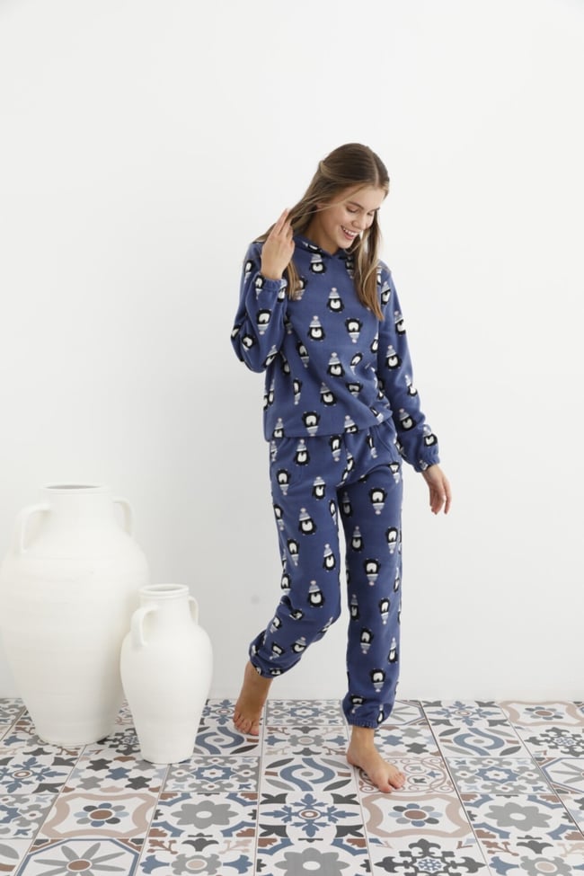 Kadın Mavi Penguen Desenli Kapüşonlu Polar Eşofman Pijama Takımı