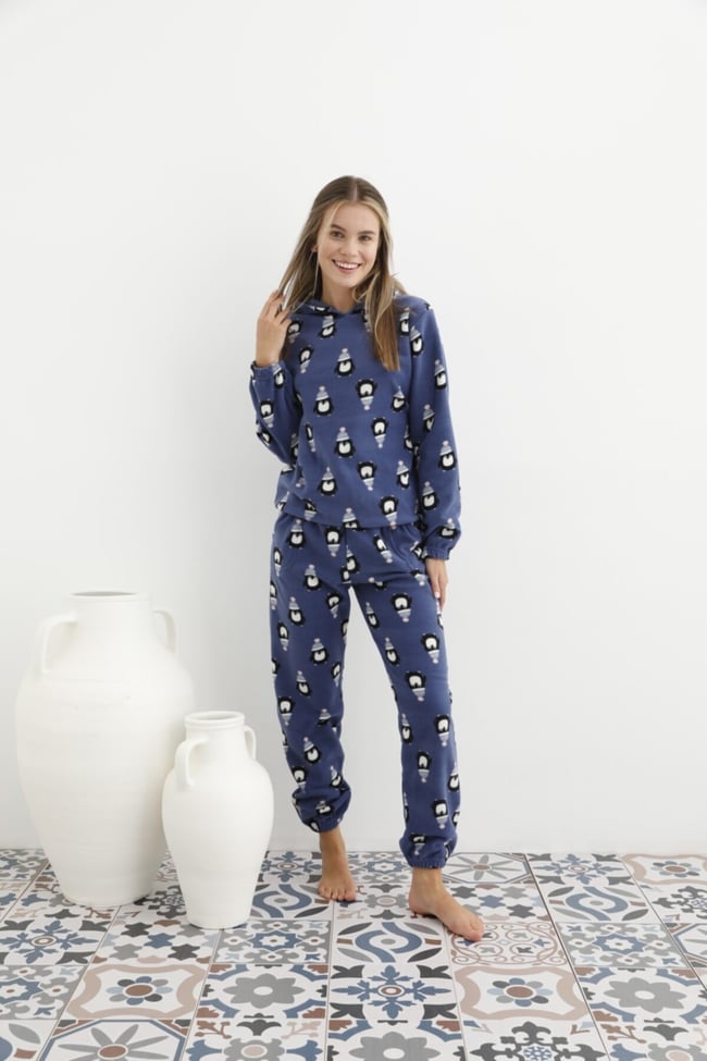 Kadın Mavi Penguen Desenli Kapüşonlu Polar Eşofman Pijama Takımı
