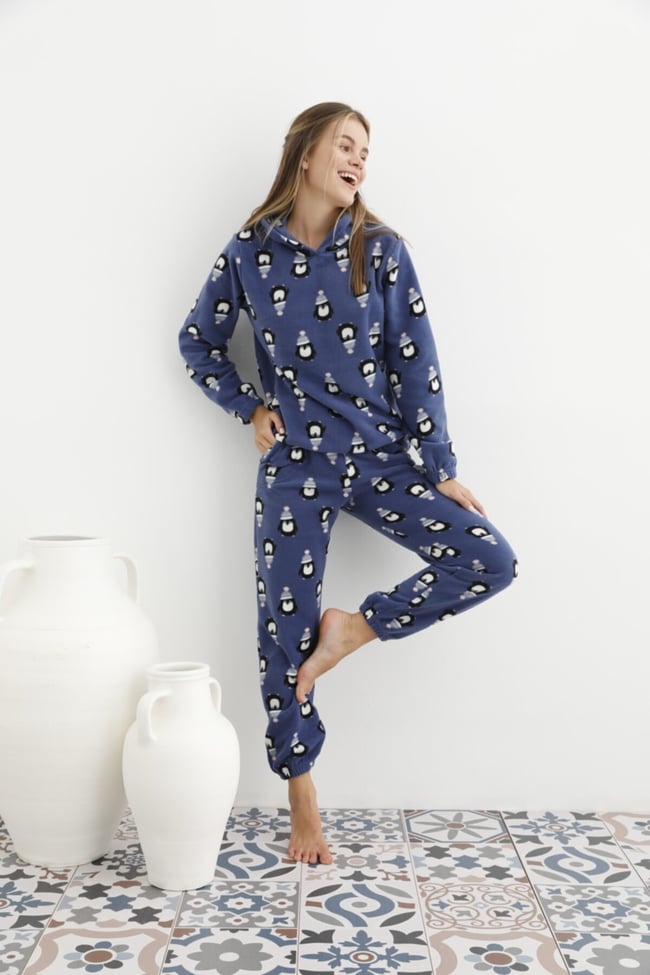 Kadın Mavi Penguen Desenli Kapüşonlu Polar Eşofman Pijama Takımı