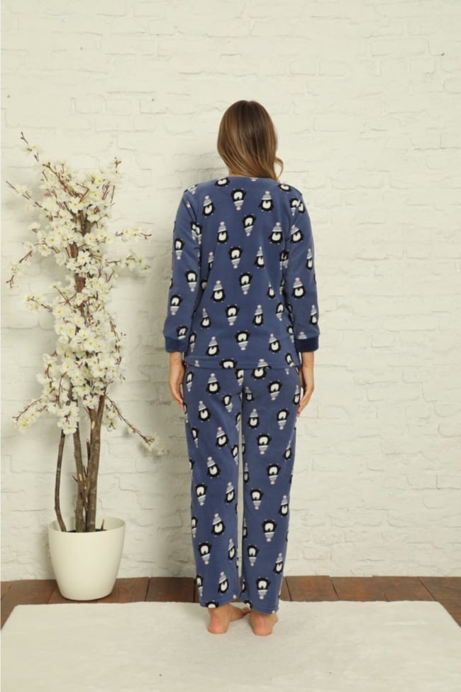 Kadın Mavi Penguen Desenli Polar Peluş Pijama Takımı