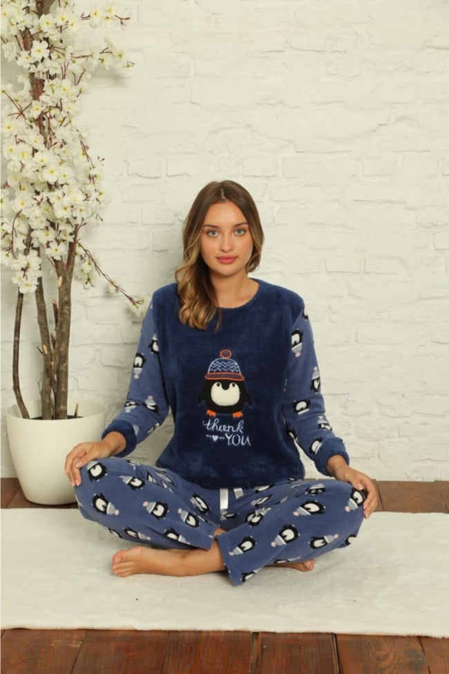 Kadın Mavi Penguen Desenli Polar Peluş Pijama Takımı