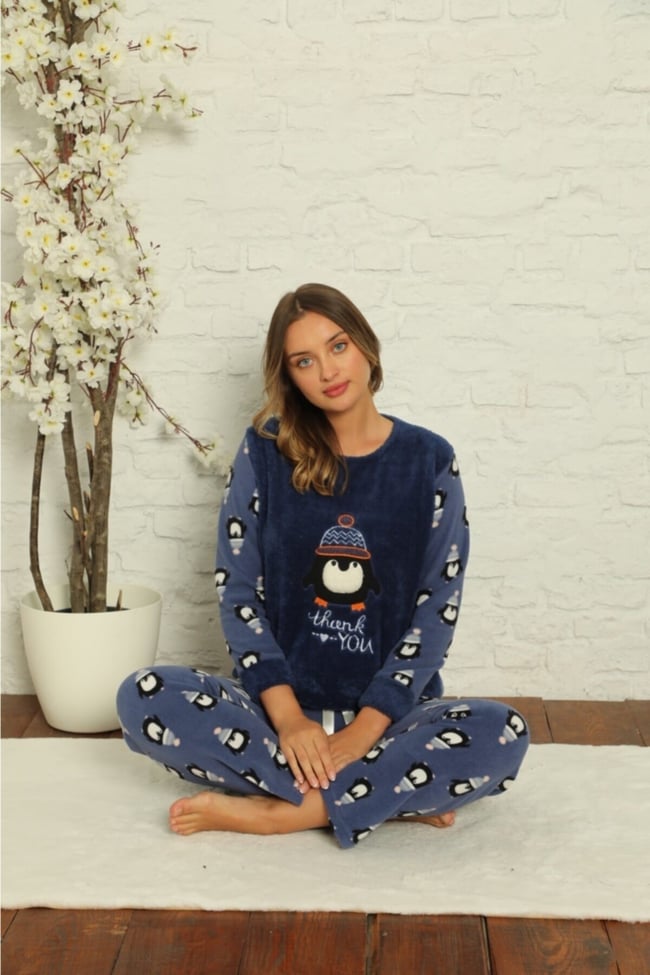 Kadın Mavi Penguen Desenli Polar Peluş Pijama Takımı