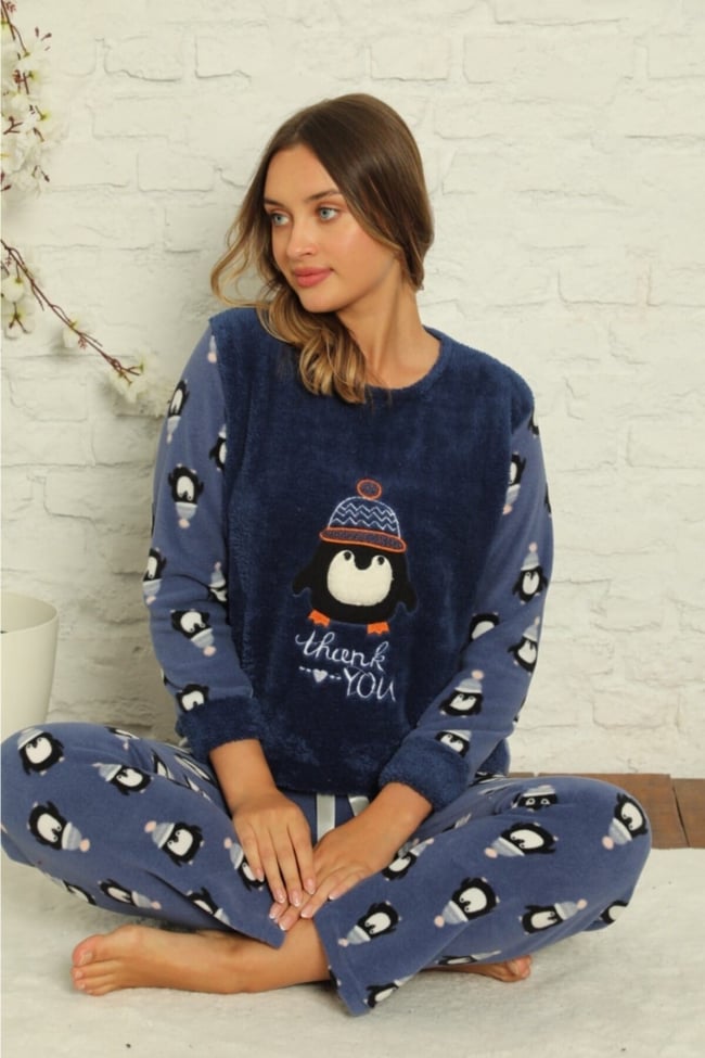 Kadın Mavi Penguen Desenli Polar Peluş Pijama Takımı