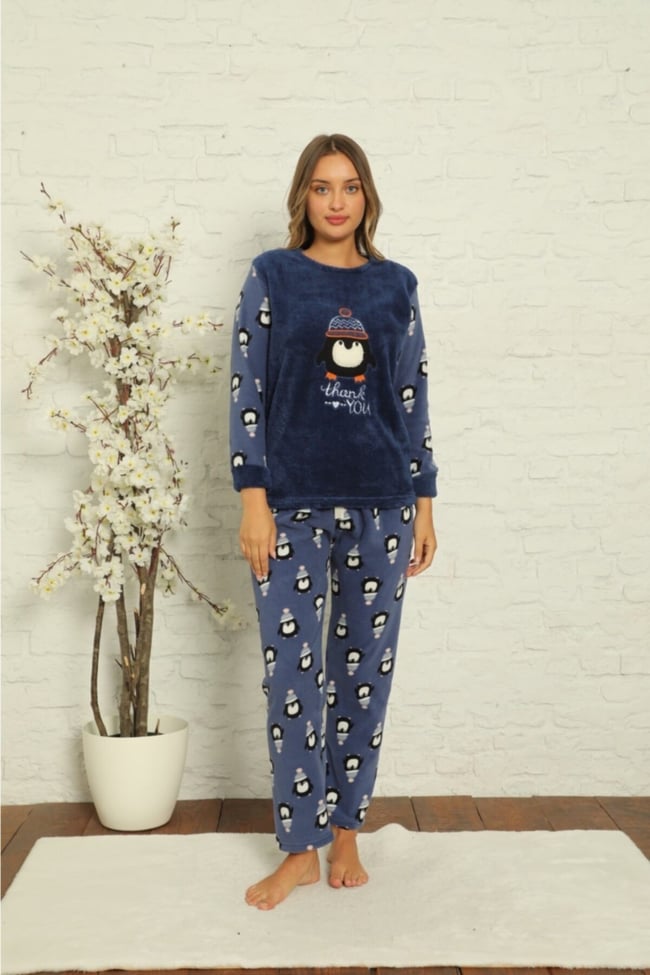 Kadın Mavi Penguen Desenli Polar Peluş Pijama Takımı