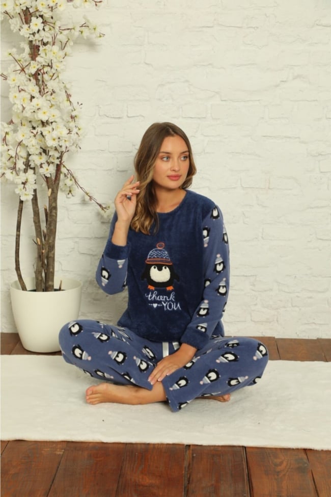 Kadın Mavi Penguen Desenli Polar Peluş Pijama Takımı